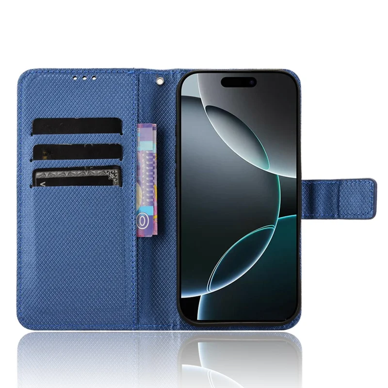 For iPhone 16 Pro Case PU Leather Diamond Texture Wallet Phone Cover - Blue