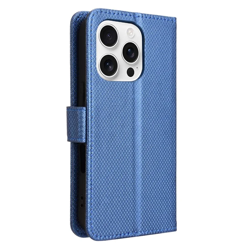 For iPhone 16 Pro Case PU Leather Diamond Texture Wallet Phone Cover - Blue