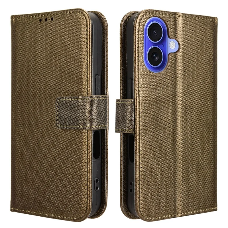 Para Iphone 16 Case PU Leather Diamond Texture Wallet Telep Cover - Marrón