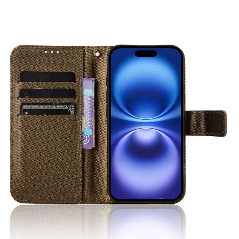 Para Iphone 16 Case PU Leather Diamond Texture Wallet Telep Cover - Marrón