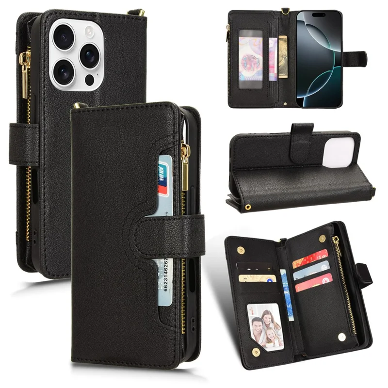 For iPhone 16 Pro Leather Case Zipper Pocket Phone Cover with 2 Straps - Black