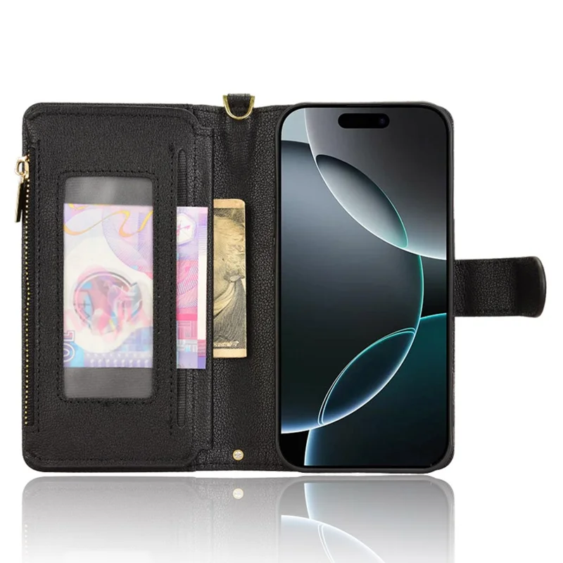 For iPhone 16 Pro Leather Case Zipper Pocket Phone Cover with 2 Straps - Black