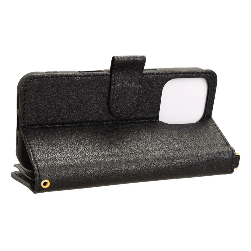 For iPhone 16 Pro Leather Case Zipper Pocket Phone Cover with 2 Straps - Black