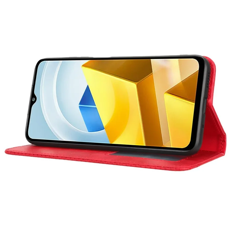 För Xiaomi Poco M5 4G chockabsorberande mobilskal retro PU-läder automatisk stängning magnetiskt plånboksskal - Röd