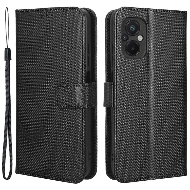 Per Xiaomi Poco M5 4G Diamond Texture Phone Cover Anti-fingerprint PU Stand Case - Nero