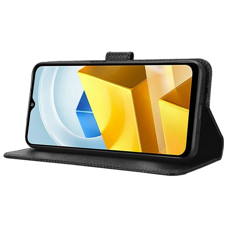 Per Xiaomi Poco M5 4G Diamond Texture Phone Cover Anti-fingerprint PU Stand Case - Nero