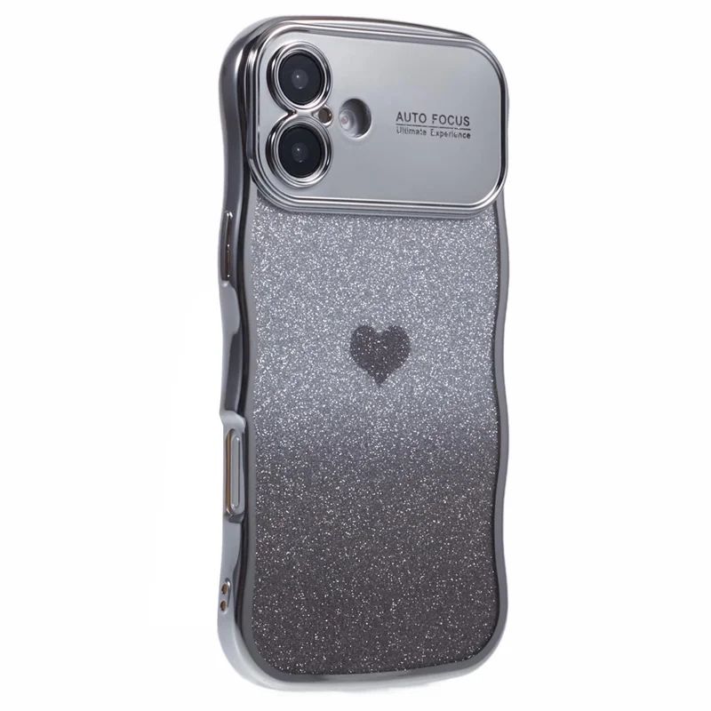 Para Iphone 16 Case Love Heart Glitter Glitter TPU Tampo Eletroplating Curly Frame - Prata