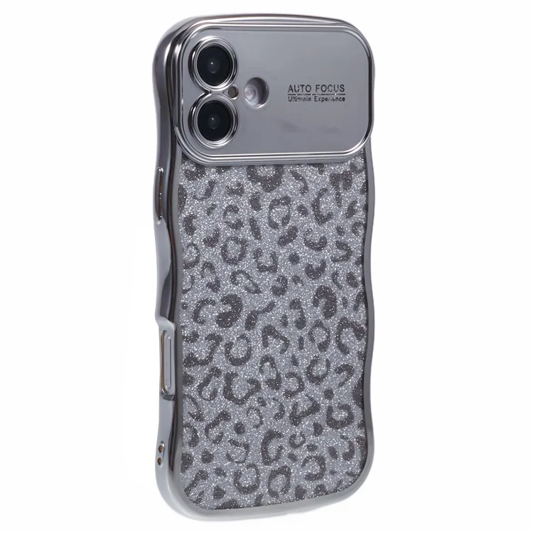For iPhone 16 Plus Case Curly Frame TPU Phone Cover Leopard Print Glitter - Silver