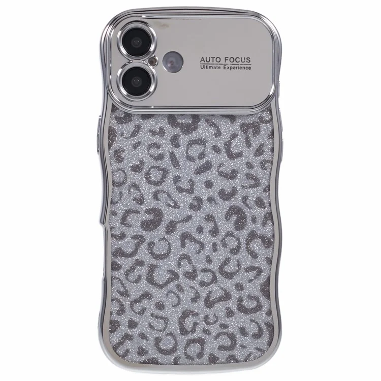 For iPhone 16 Plus Case Curly Frame TPU Phone Cover Leopard Print Glitter - Silver