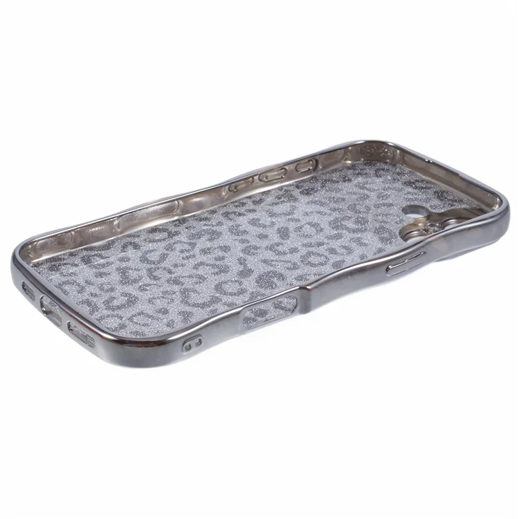 For iPhone 16 Plus Case Curly Frame TPU Phone Cover Leopard Print Glitter - Silver