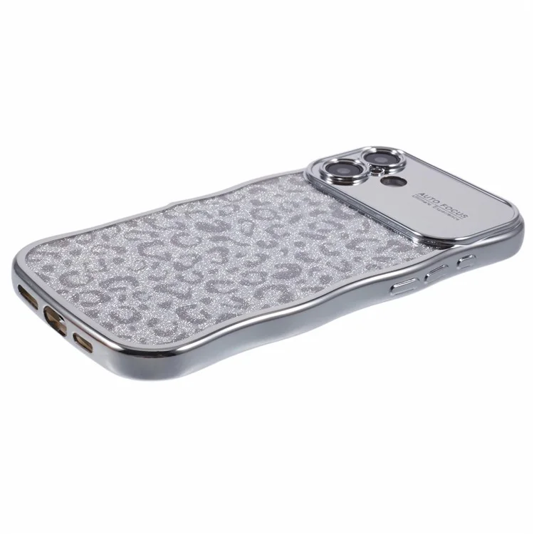 For iPhone 16 Plus Case Curly Frame TPU Phone Cover Leopard Print Glitter - Silver