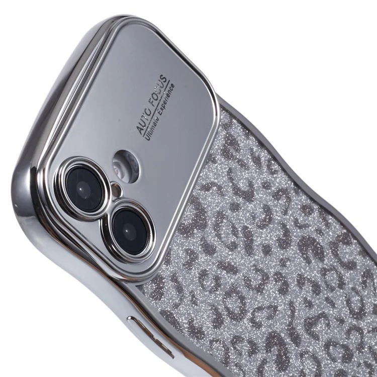 For iPhone 16 Plus Case Curly Frame TPU Phone Cover Leopard Print Glitter - Silver