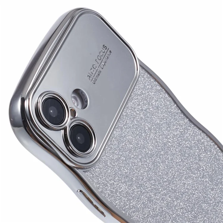 Per iPhone 16 Plus, custodia con placcatura elettrolitica, cornice riccio in TPU e cover glitterata con ampia finestra - Argento