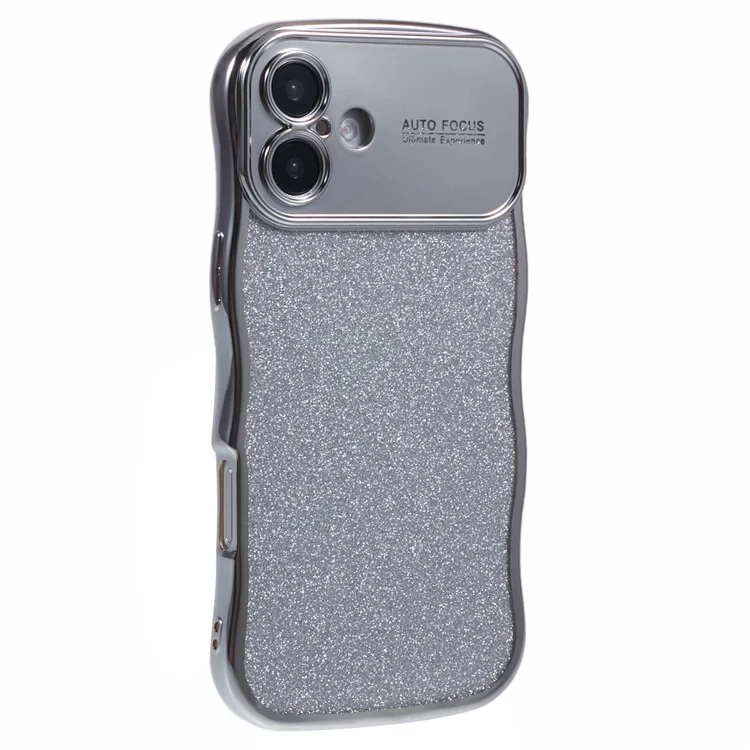 Para iPhone 16 Funda Chapado Electroplatado Marco Ondulado TPU Cubierta de Teléfono Brillante con Ventana Grande - Plata
