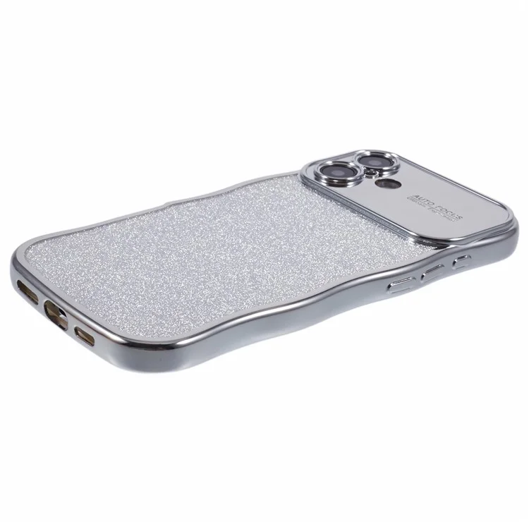 Para iPhone 16 Funda Chapado Electroplatado Marco Ondulado TPU Cubierta de Teléfono Brillante con Ventana Grande - Plata