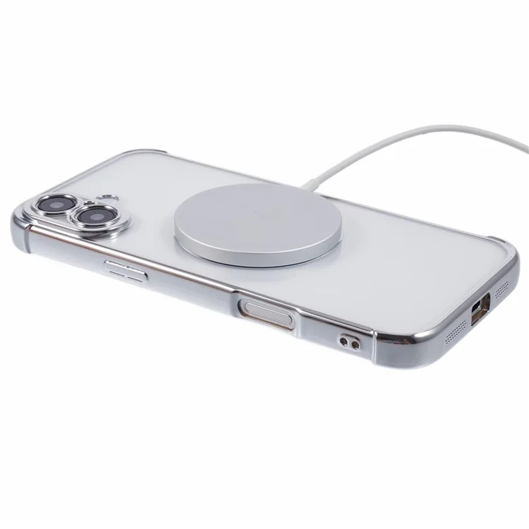 Para Iphone 16 Case Compatível Com MagSafe Electroplating TPU Clear Telefone - Prata
