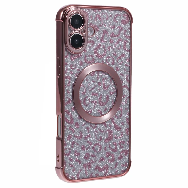 For iPhone 16 Plus Case Compatible with MagSafe Sparkly Leopard Print Clear TPU Phone Cover - Rose Pink
