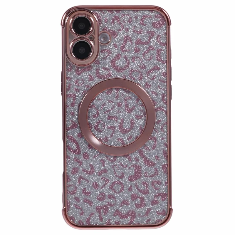 For iPhone 16 Plus Case Compatible with MagSafe Sparkly Leopard Print Clear TPU Phone Cover - Rose Pink