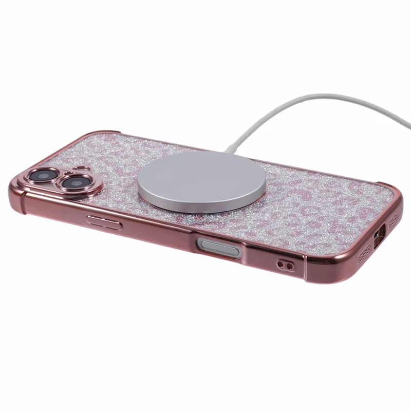 For iPhone 16 Plus Case Compatible with MagSafe Sparkly Leopard Print Clear TPU Phone Cover - Rose Pink