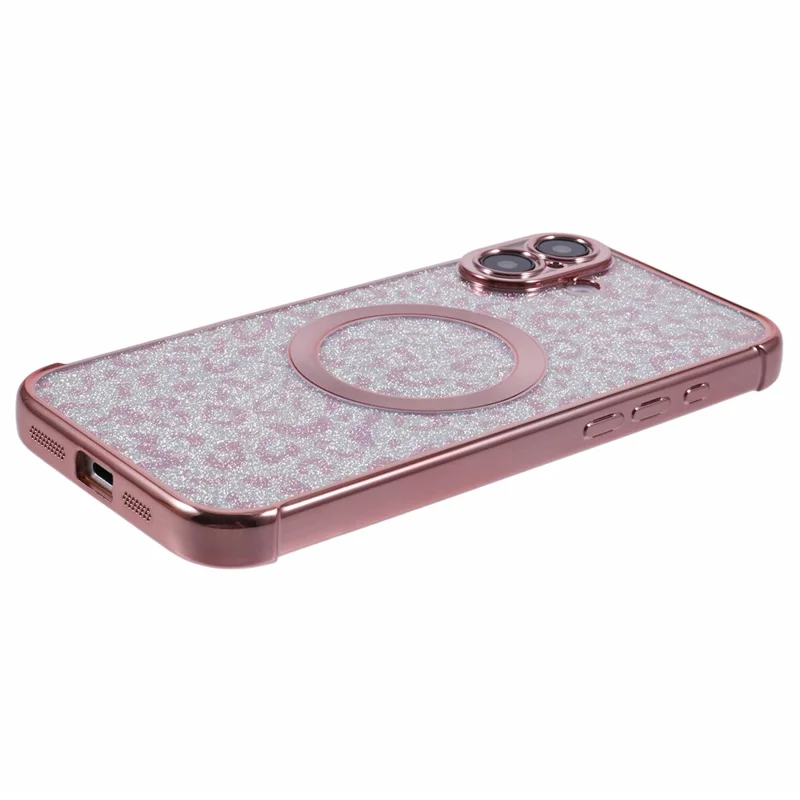 For iPhone 16 Plus Case Compatible with MagSafe Sparkly Leopard Print Clear TPU Phone Cover - Rose Pink