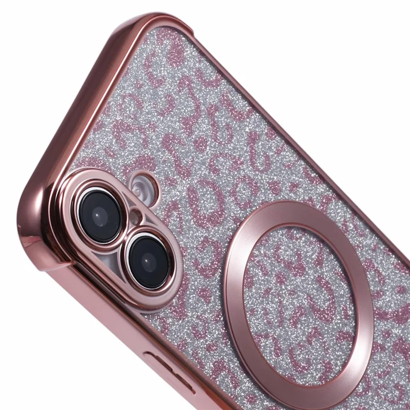 For iPhone 16 Plus Case Compatible with MagSafe Sparkly Leopard Print Clear TPU Phone Cover - Rose Pink