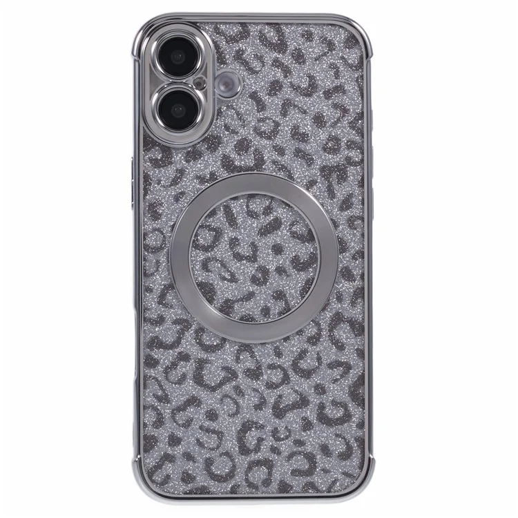 For iPhone 16 Case Compatible with MagSafe Sparkly Leopard Print Clear TPU Phone Cover - Silver