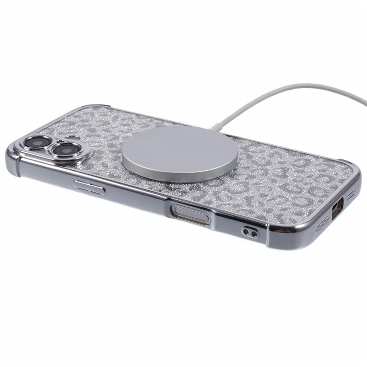 For iPhone 16 Case Compatible with MagSafe Sparkly Leopard Print Clear TPU Phone Cover - Silver