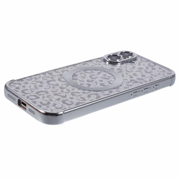 For iPhone 16 Case Compatible with MagSafe Sparkly Leopard Print Clear TPU Phone Cover - Silver