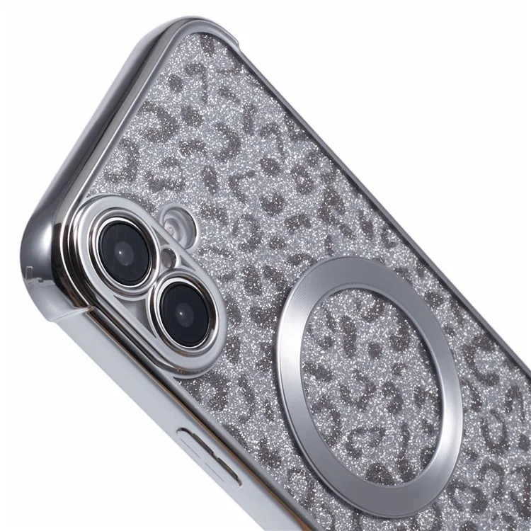 For iPhone 16 Case Compatible with MagSafe Sparkly Leopard Print Clear TPU Phone Cover - Silver