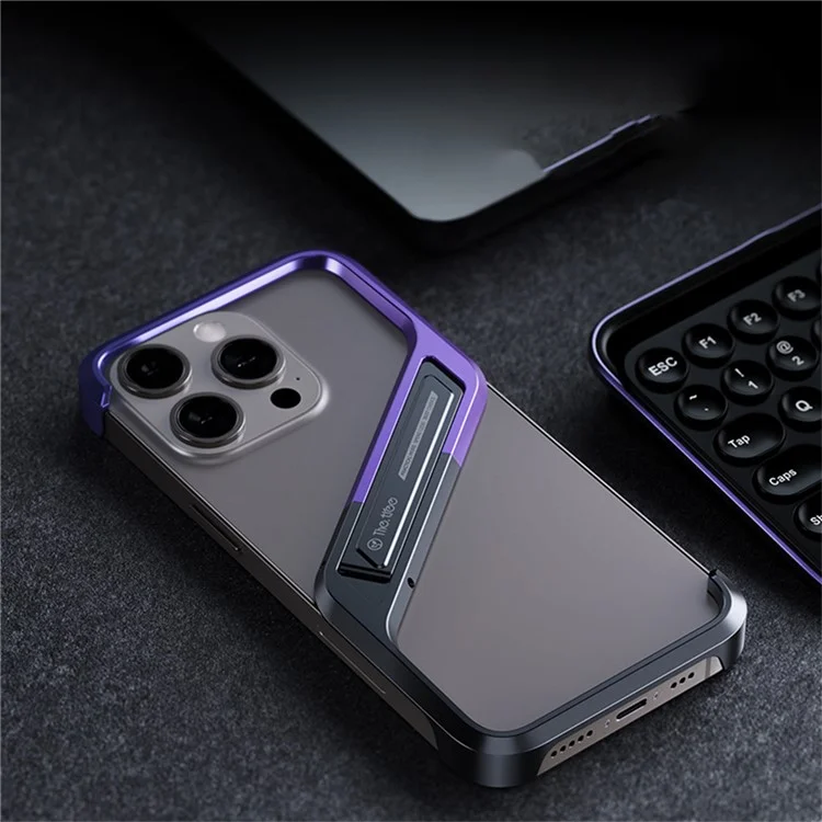 Per Iphone 16 Pro Frameless Case Senza S-copertina di Telefono in Lega di Alluminio a Forma di Cavalletto Con Cavalletto - Viola