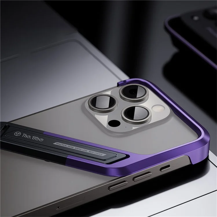 Per Iphone 16 Pro Frameless Case Senza S-copertina di Telefono in Lega di Alluminio a Forma di Cavalletto Con Cavalletto - Viola