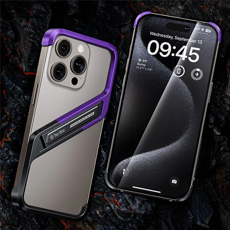 Per Iphone 16 Pro Frameless Case Senza S-copertina di Telefono in Lega di Alluminio a Forma di Cavalletto Con Cavalletto - Viola