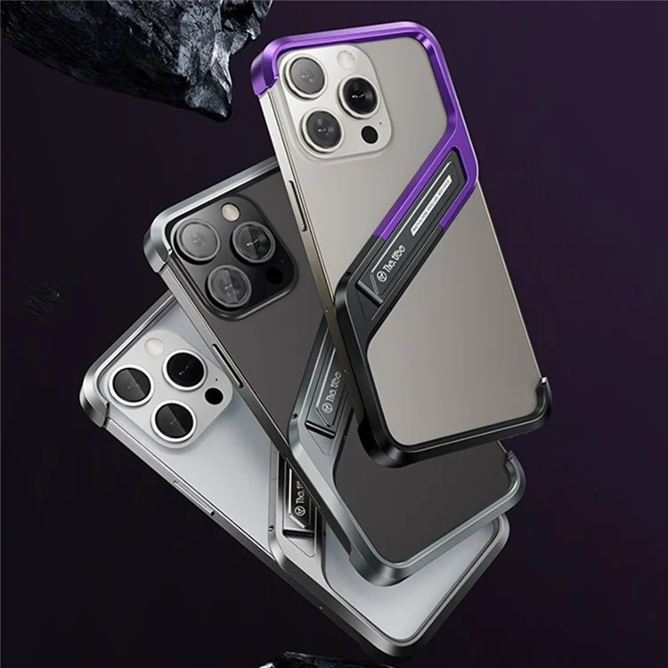 Per Iphone 16 Pro Frameless Case Senza S-copertina di Telefono in Lega di Alluminio a Forma di Cavalletto Con Cavalletto - Viola