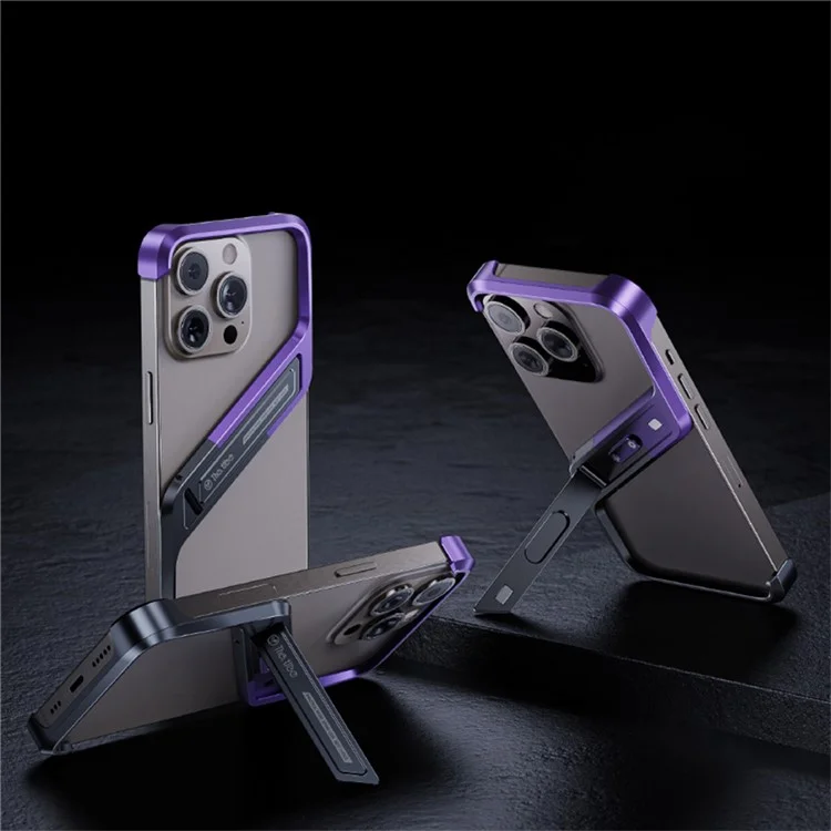 Per Iphone 16 Pro Frameless Case Senza S-copertina di Telefono in Lega di Alluminio a Forma di Cavalletto Con Cavalletto - Viola