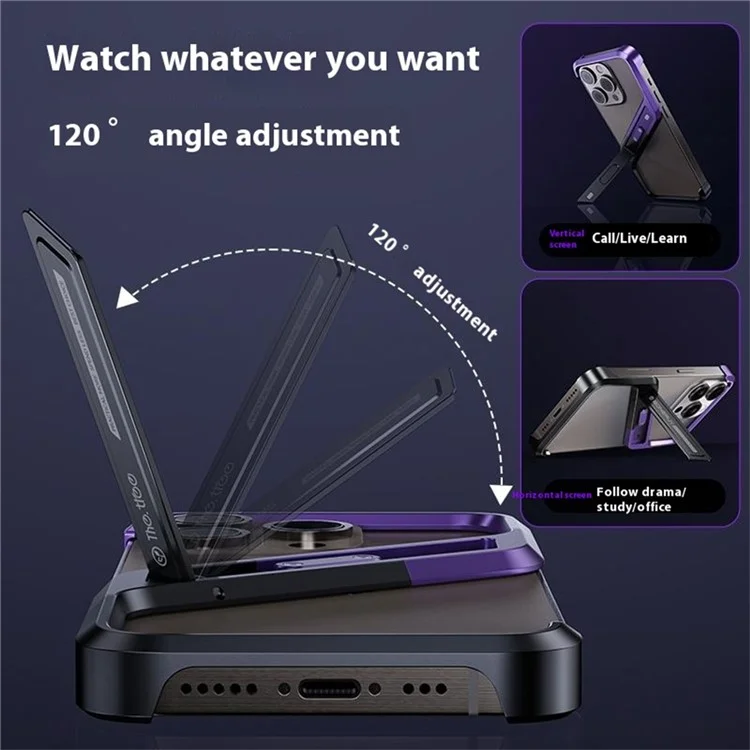 Per Iphone 16 Pro Frameless Case Senza S-copertina di Telefono in Lega di Alluminio a Forma di Cavalletto Con Cavalletto - Viola