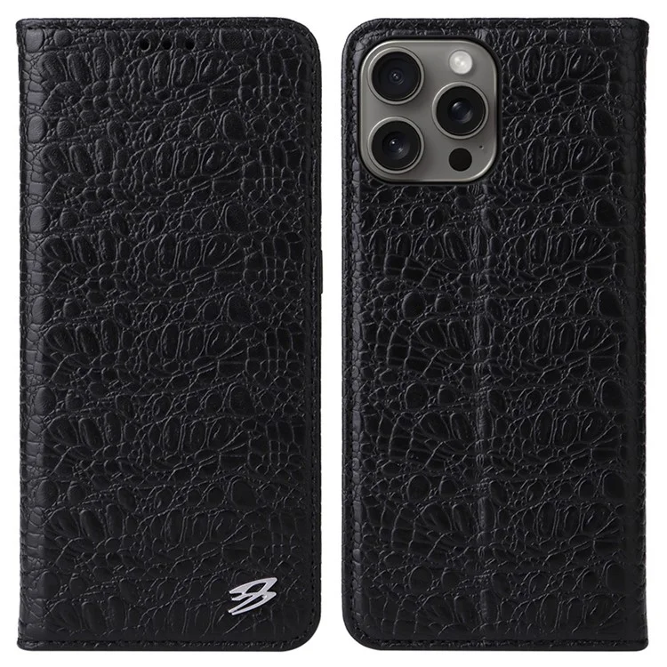 Fierre Shann Per Iphone 16 Pro Case Genuino Copertina di Portafoglio di Texture Crocodile in Pelle Vera - Nero