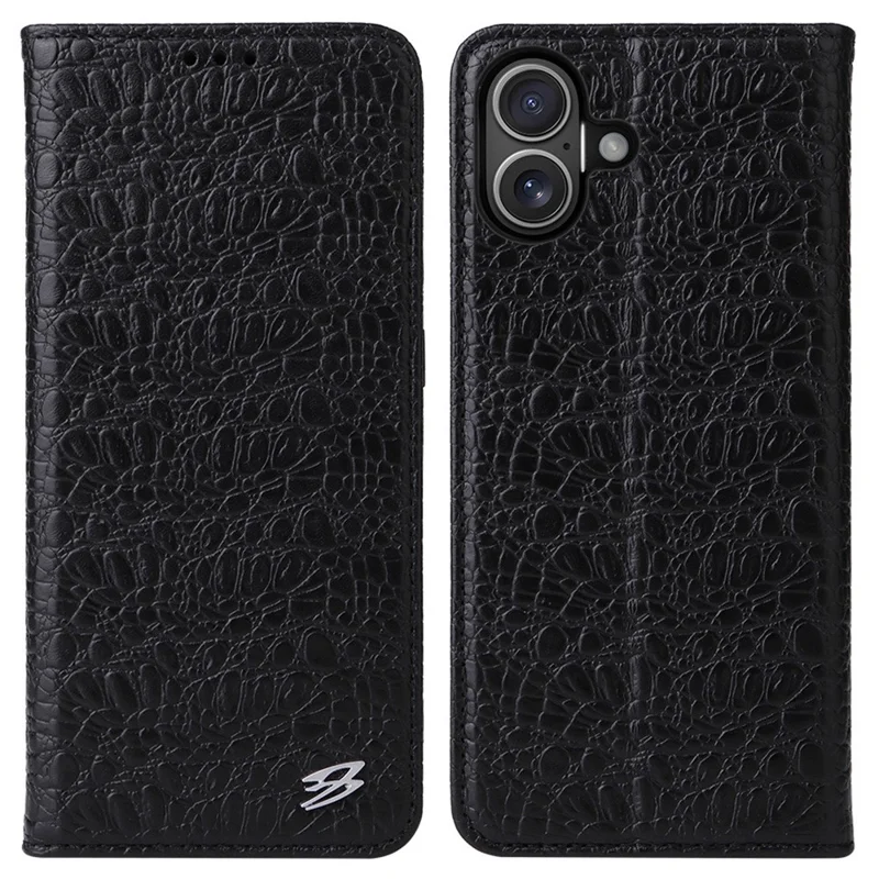Fierre Shann Para Iphone 16 Plus Case Genuine Cow Leather Crocodile Textura Carteira Tampa - Preto