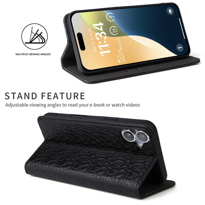 Fierre Shann Para Iphone 16 Plus Case Genuine Cow Leather Crocodile Textura Carteira Tampa - Preto
