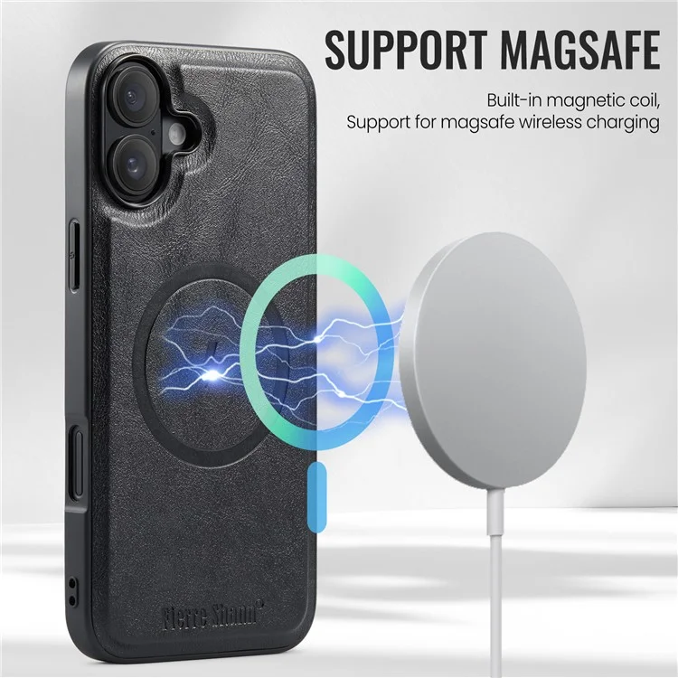 Fierre Shann 025 Stil Für Iphone 16 Plus -hülle Leder+tpu Abnehmbare Kartenschlitze Telefonabdeckung - Schwarz