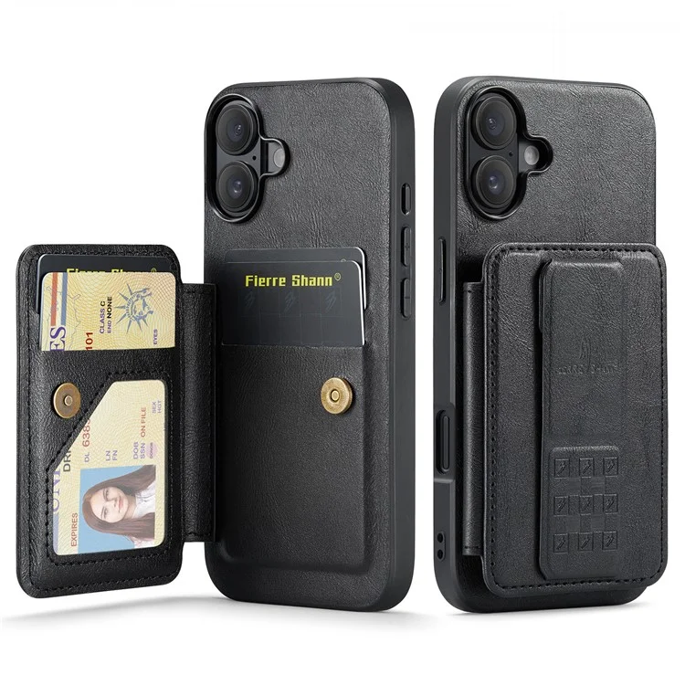 Fierre Shann Para Iphone 16 Plus Caso Holder Kickstand Texture Leather+TPU Tampo do Telefone - Preto