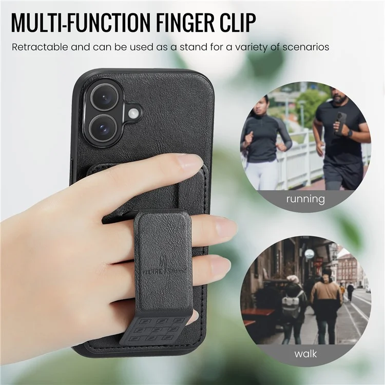Fierre Shann Para Iphone 16 Plus Caso Holder Kickstand Texture Leather+TPU Tampo do Telefone - Preto