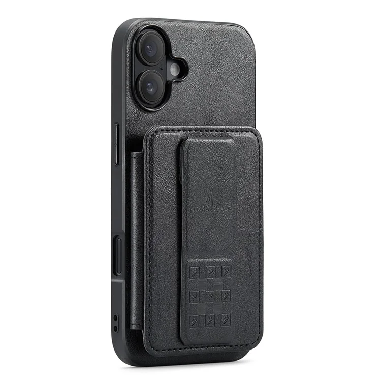 Fierre Shann Para Iphone 16 Plus Caso Holder Kickstand Texture Leather+TPU Tampo do Telefone - Preto