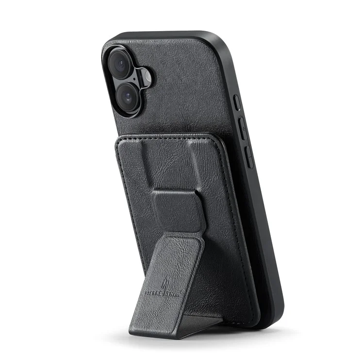 Fierre Shann Para Iphone 16 Plus Caso Holder Kickstand Texture Leather+TPU Tampo do Telefone - Preto