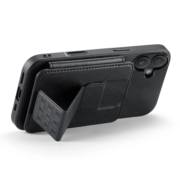 Fierre Shann Para Iphone 16 Plus Caso Holder Kickstand Texture Leather+TPU Tampo do Telefone - Preto