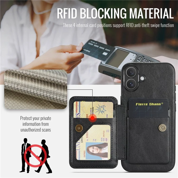 Fierre Shann Para Iphone 16 Plus Caso Holder Kickstand Texture Leather+TPU Tampo do Telefone - Preto