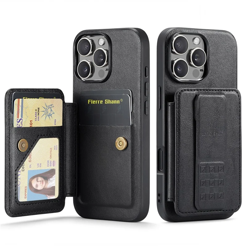 Fierre Shann Pour Iphone 16 Pro Max Case Carte Holder Kickstand Texture Cuir Cuir + Tpu Tpu Couverture - Noir
