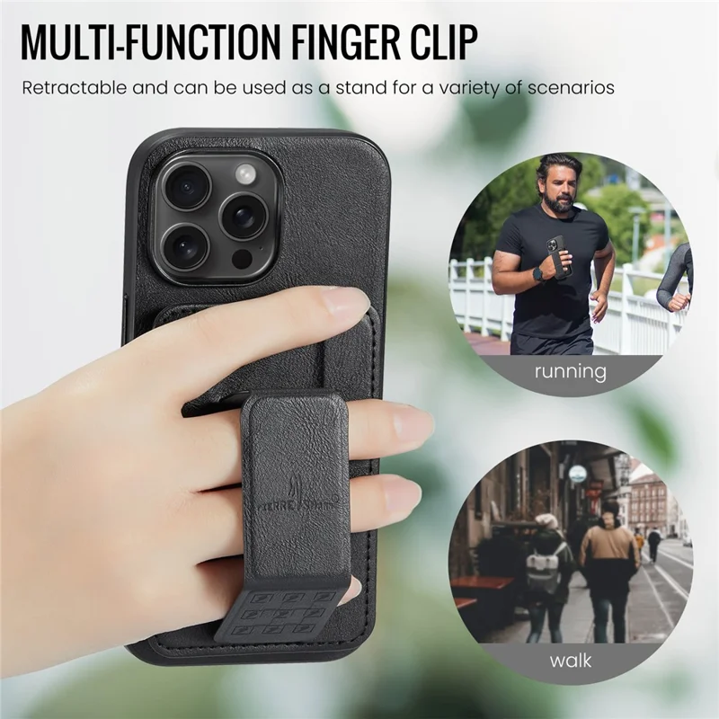 Fierre Shann Pour Iphone 16 Pro Max Case Carte Holder Kickstand Texture Cuir Cuir + Tpu Tpu Couverture - Noir