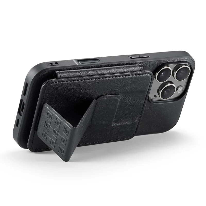 Fierre Shann Pour Iphone 16 Pro Max Case Carte Holder Kickstand Texture Cuir Cuir + Tpu Tpu Couverture - Noir