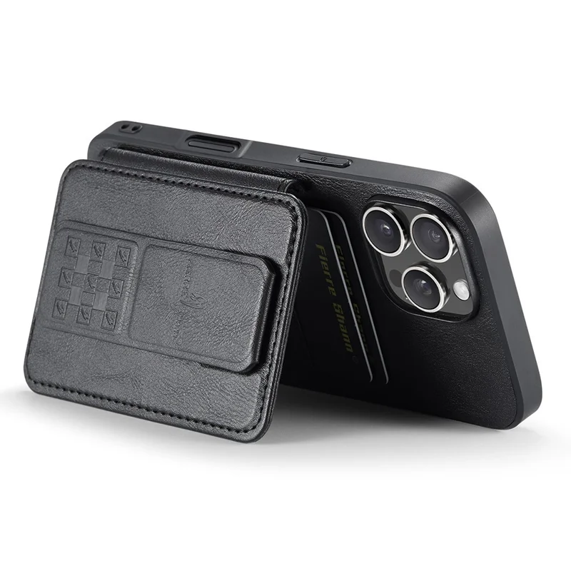 Fierre Shann Pour Iphone 16 Pro Max Case Carte Holder Kickstand Texture Cuir Cuir + Tpu Tpu Couverture - Noir