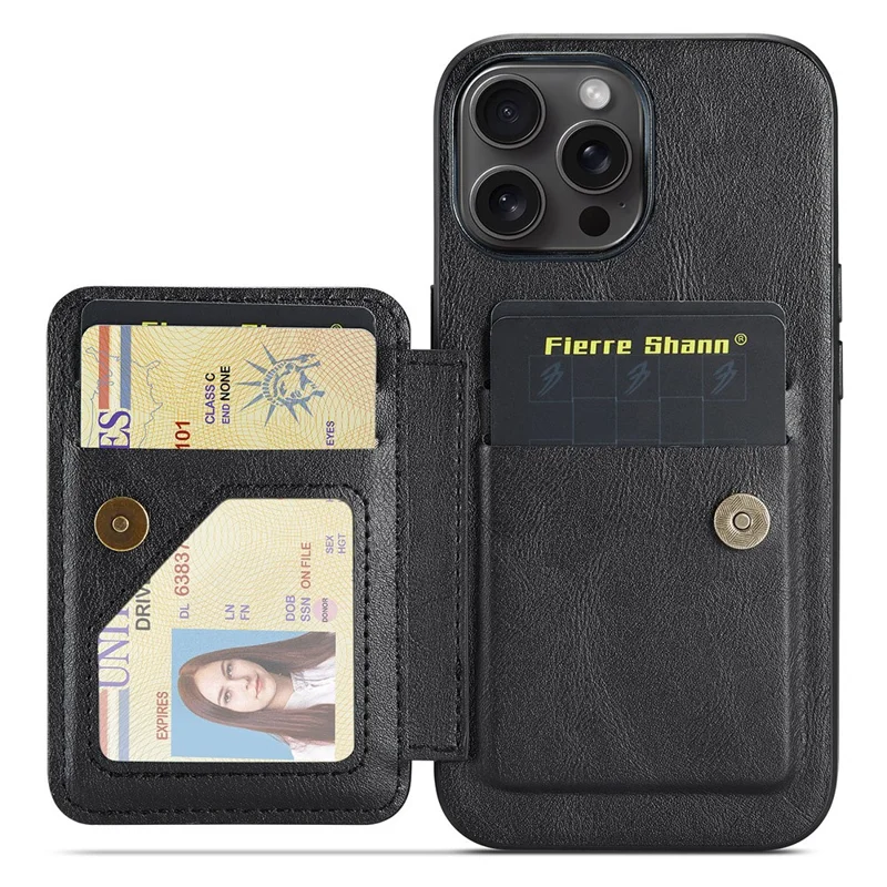 Fierre Shann Pour Iphone 16 Pro Max Case Carte Holder Kickstand Texture Cuir Cuir + Tpu Tpu Couverture - Noir